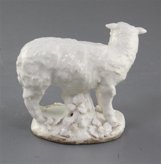A rare Derby Dry-Edge figure of a lamb, c.1750-5, l.10.5cm, one ear restored